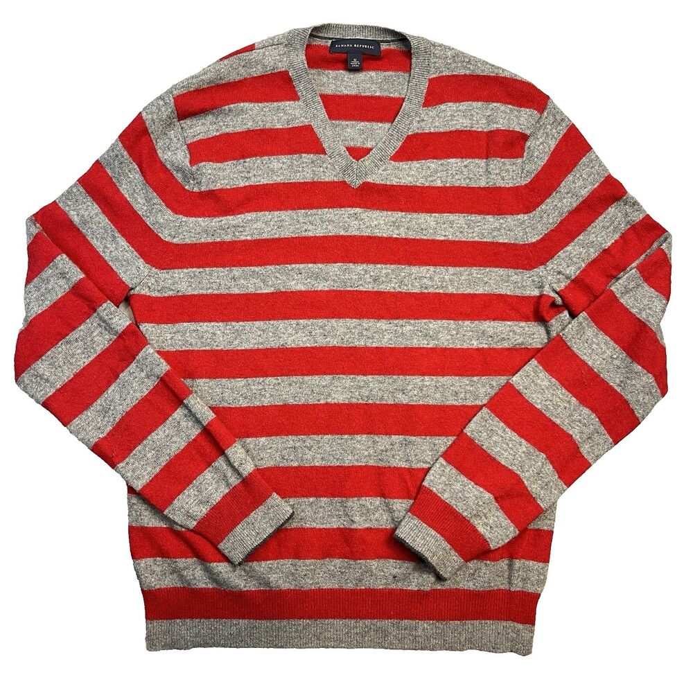 Banana Republic Sweater V-Neck Medium‎ Red Gray Striped Wool Cashmere Acedemia